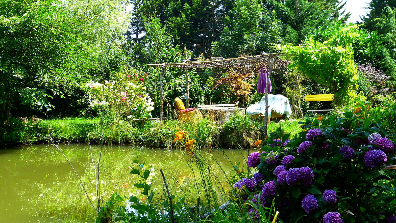 Photo de l'Etang d'Art avec pergola en bois et hortensias au premier plan de Bhéatrice Chanard à Commelle