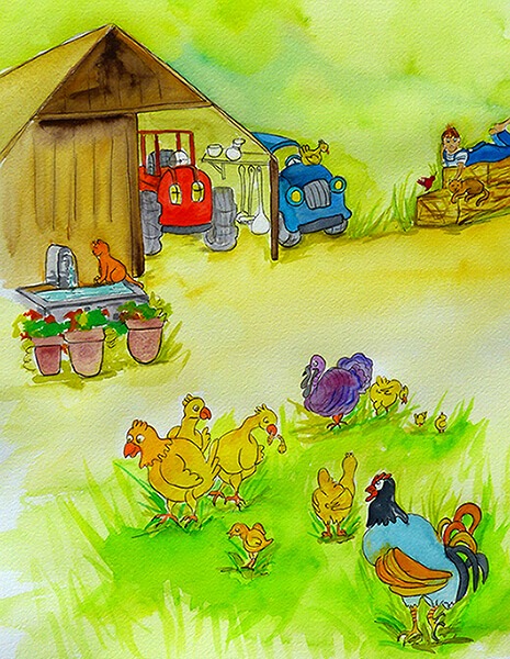 Bastien à la ferme - Planche du livre aquarelle de Bhéatrice Chanard
