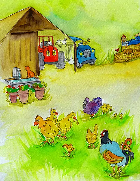 Bastien à la ferme - Planche du livre aquarelle de Bhéatrice Chanard