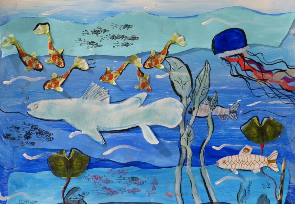 stage dessin peinture collage bheatrice chanard Photo d'un dessin avec peinture et collage au cours d'un Stage Enfants de Bhéatrice Chanard pendant les vacances scolaires
