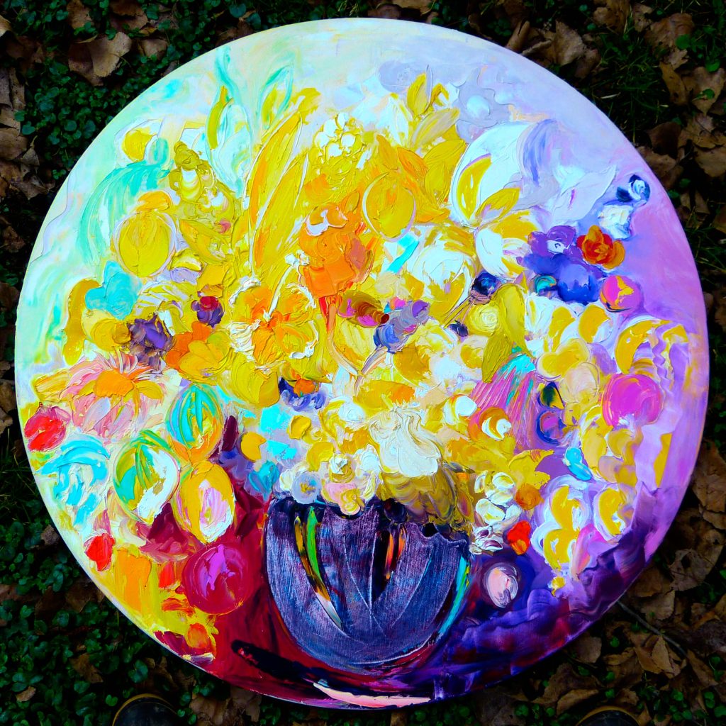 Photo de "Bouquet Jaune" une huile sur toile de diamètre 80 cm de Bhéatrice Chanard