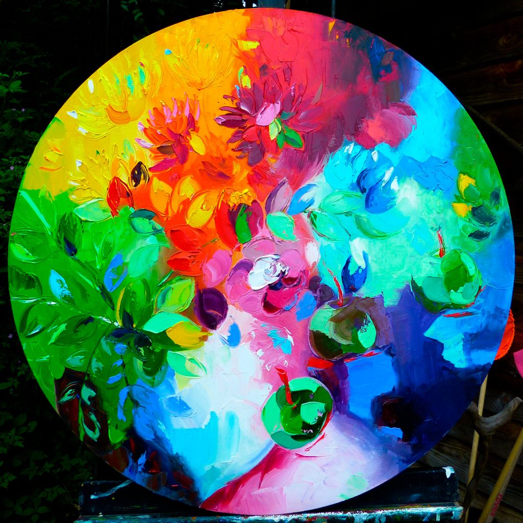 Photo de "Bouquet Pommes" une huile sur toile de diamètre 70 cm de Bhéatrice Chanard
