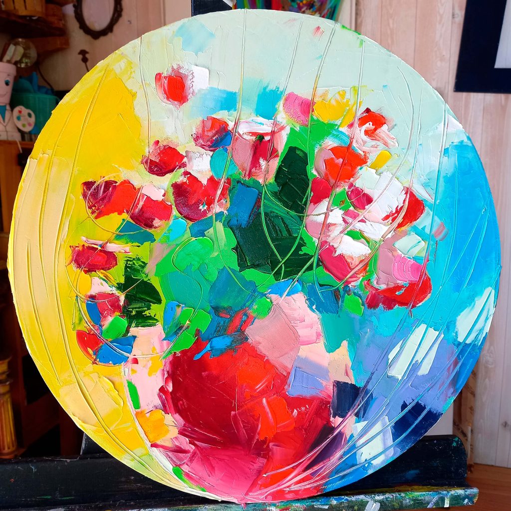 Photo de "Bouquet Rond" une huile sur toile de diamètre 40 cm de Bhéatrice Chanard