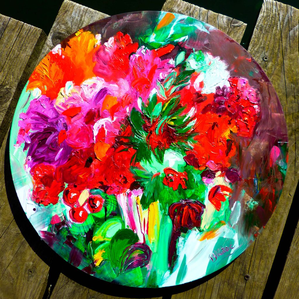 Photo de "Bouquet Rouge" une huile sur toile de diamètre 60 cm de Bhéatrice Chanard